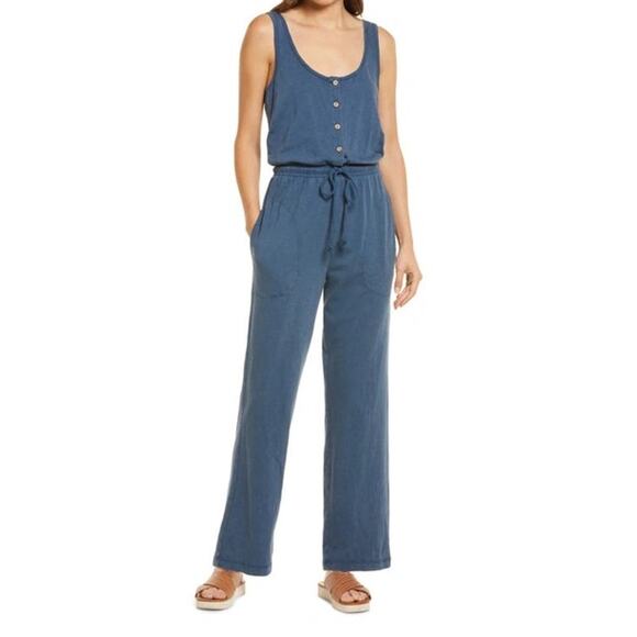 Faherty Terra Blue Organic Cotton Sleeveless Drawstring Jumpsuit Size L NWT - Picture 1 of 6